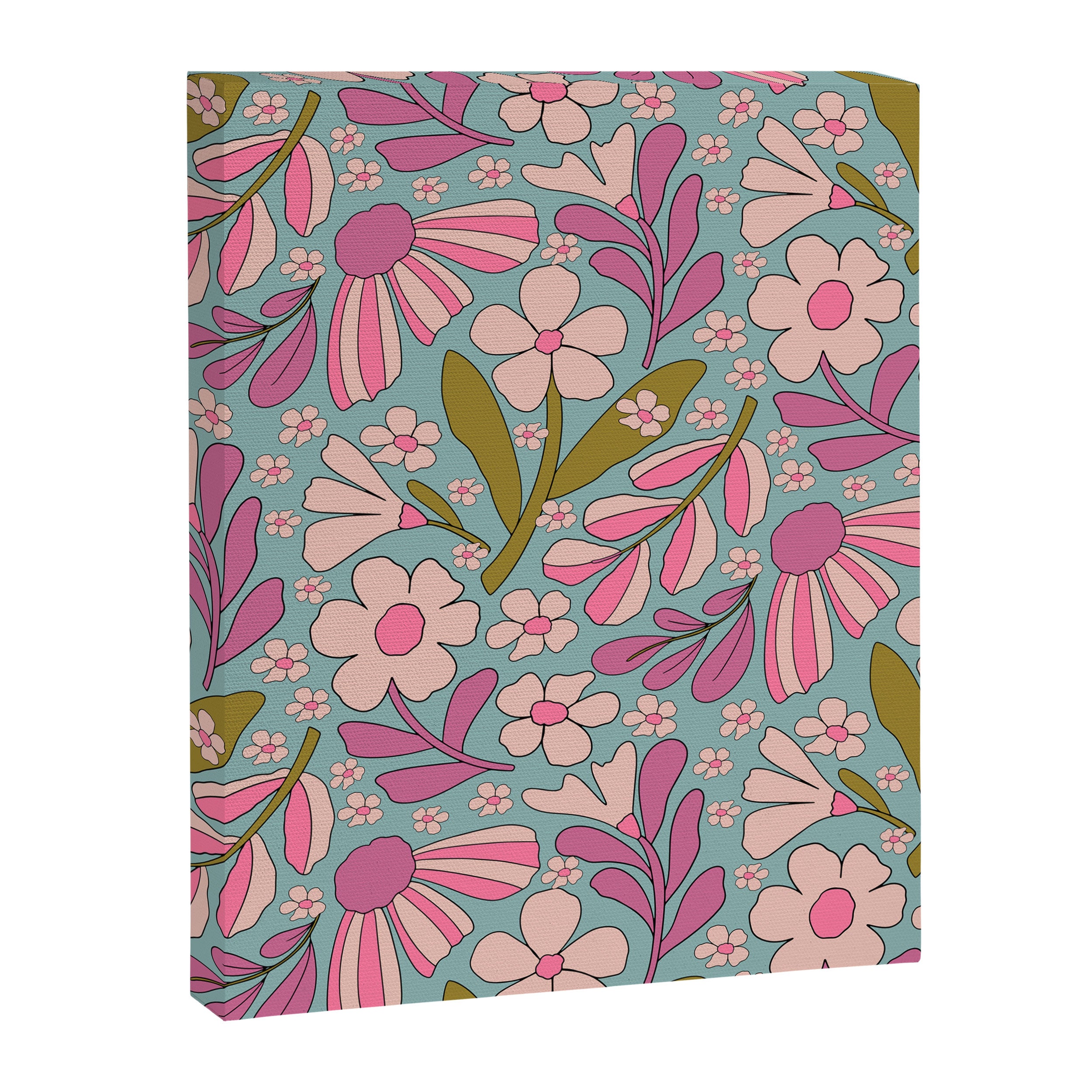Retro Groovy - 70's Blue Floral Pattern Canvas Print Gallery Image 8