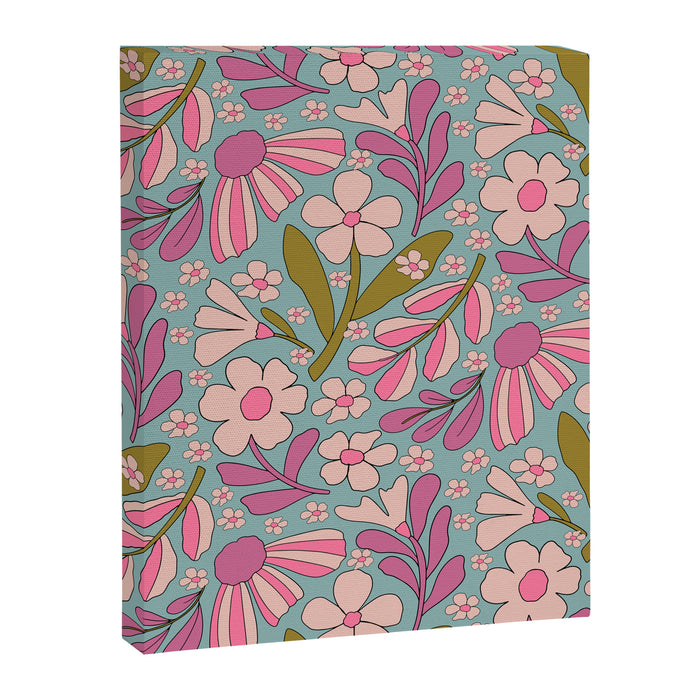 Retro Groovy - 70's Blue Floral Pattern Canvas Print Gallery Image 1