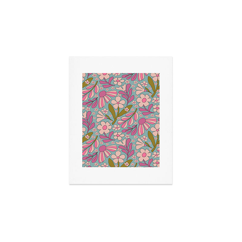 Retro Groovy - 70's Blue Floral Pattern Art Print Gallery Image 1