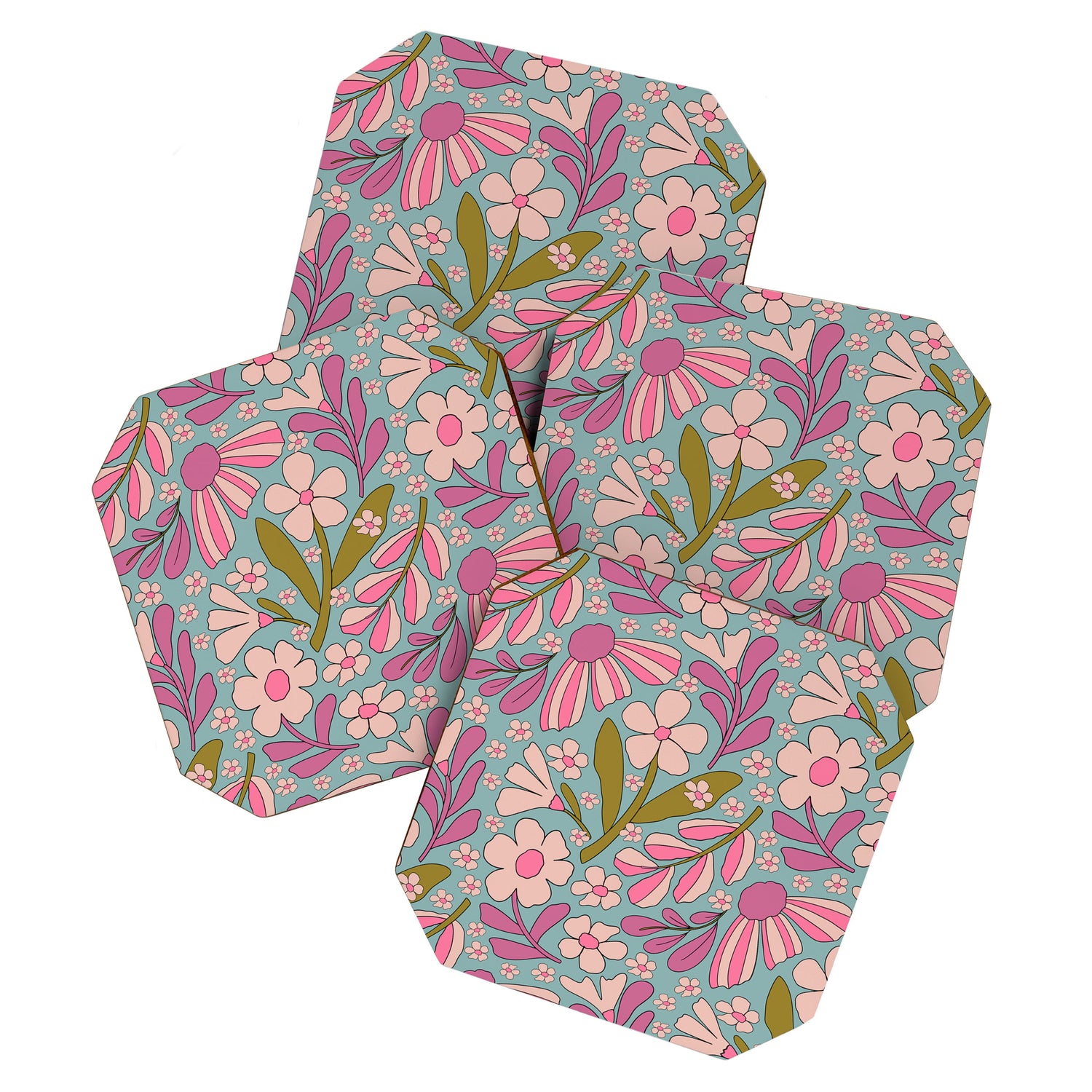 Retro Groovy - 70's Blue Floral Pattern Coaster Gallery Image 1