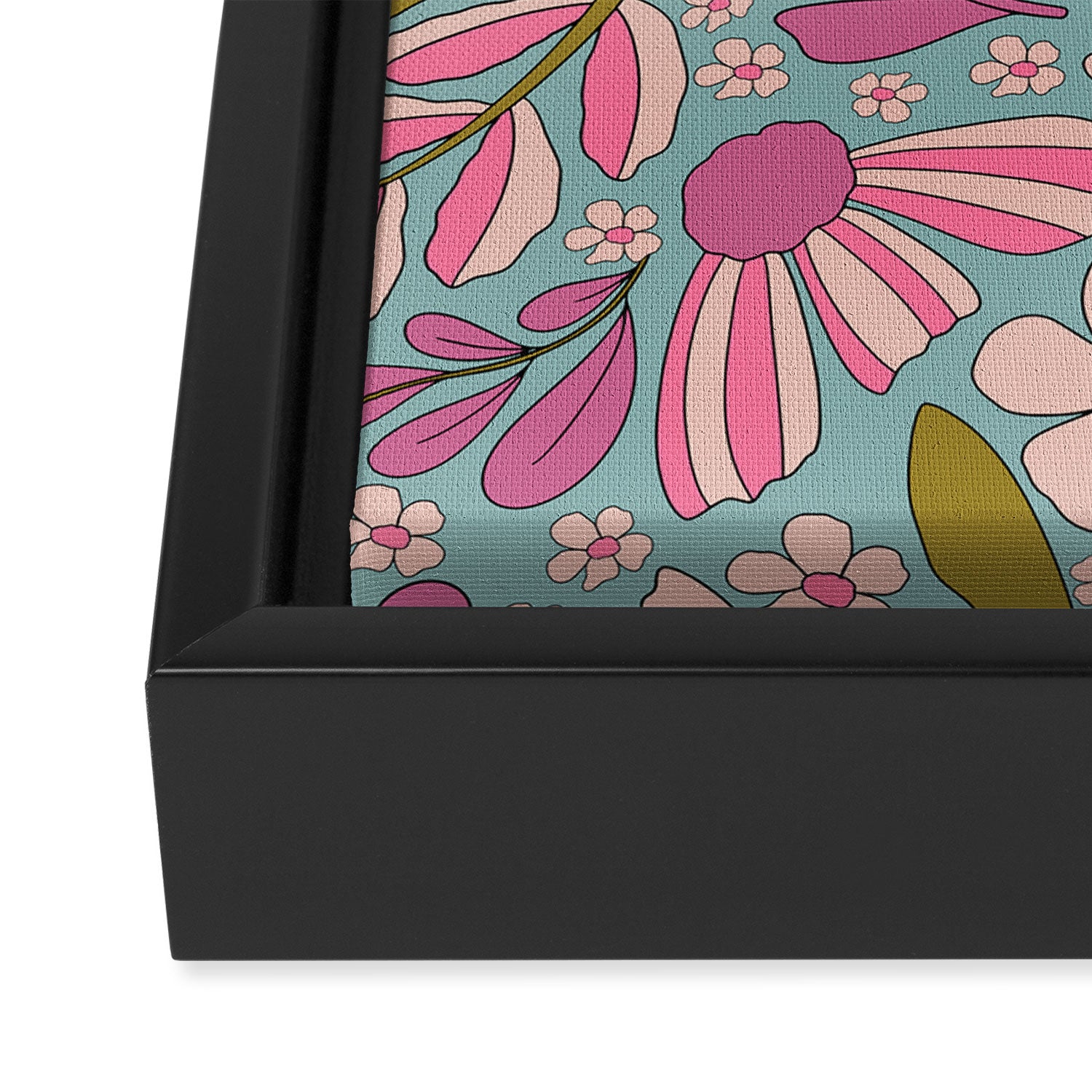 Retro Groovy - 70's Blue Floral Pattern Framed Canvas Print Gallery Image 3