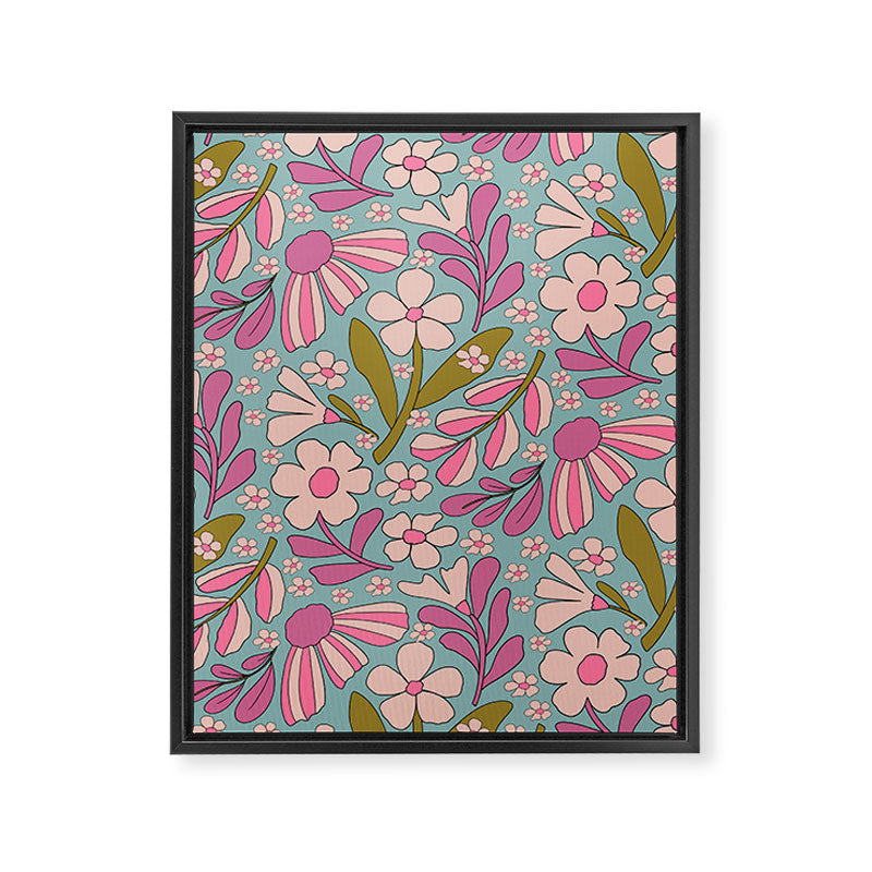 Retro Groovy - 70's Blue Floral Pattern Framed Canvas Print Gallery Image 8