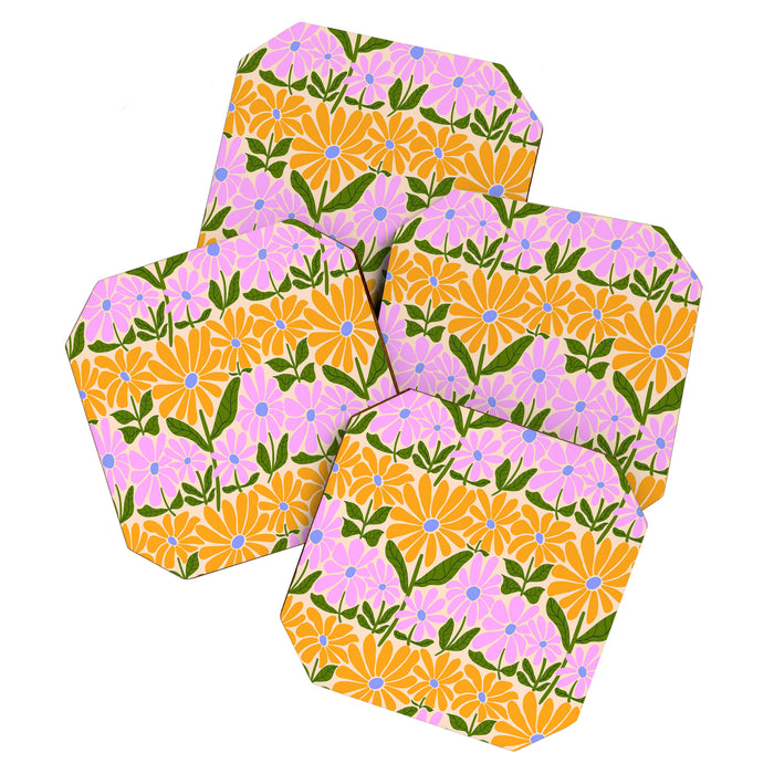 Retro Groovy Daisies - Orange, Pink, Very-Peri and Green  Coaster Gallery Image 1