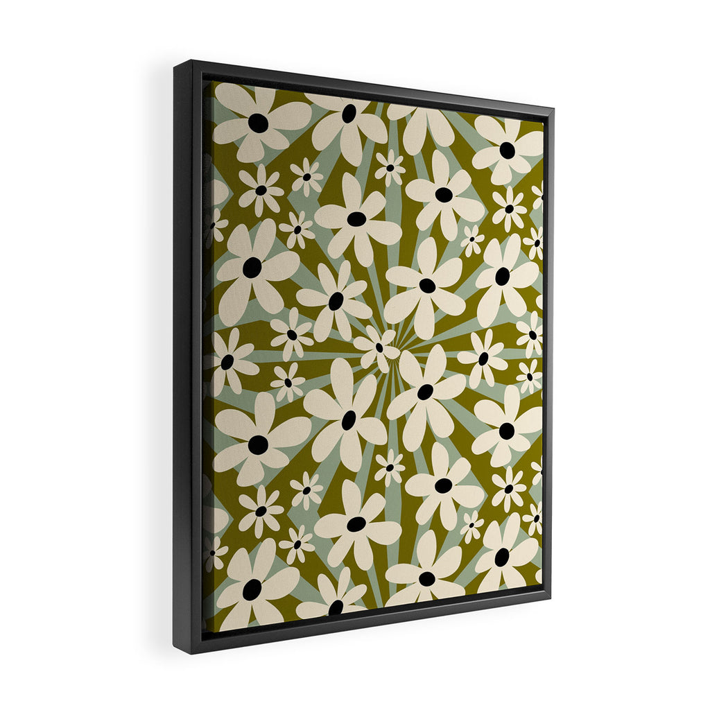 Retro Psychedelic Daisy Flower - Green Color Framed Canvas Print Gallery Image 2