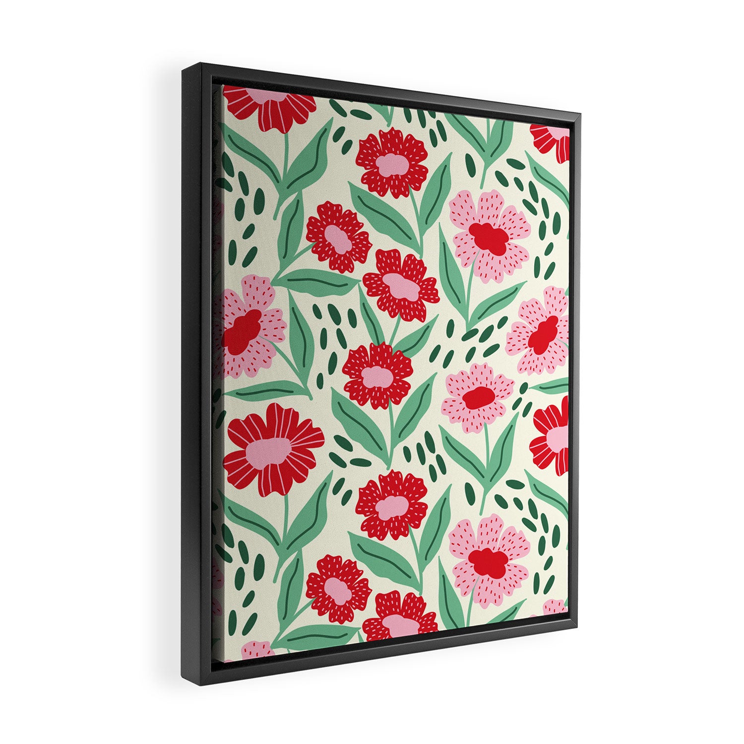 Summer Floral - red, green and pink Framed Canvas Print Gallery Image 2