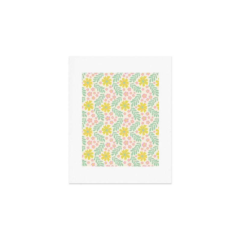 Whimsical Flora - White, Light green, Light Pink, Yellow  Art Print Gallery Image 1
