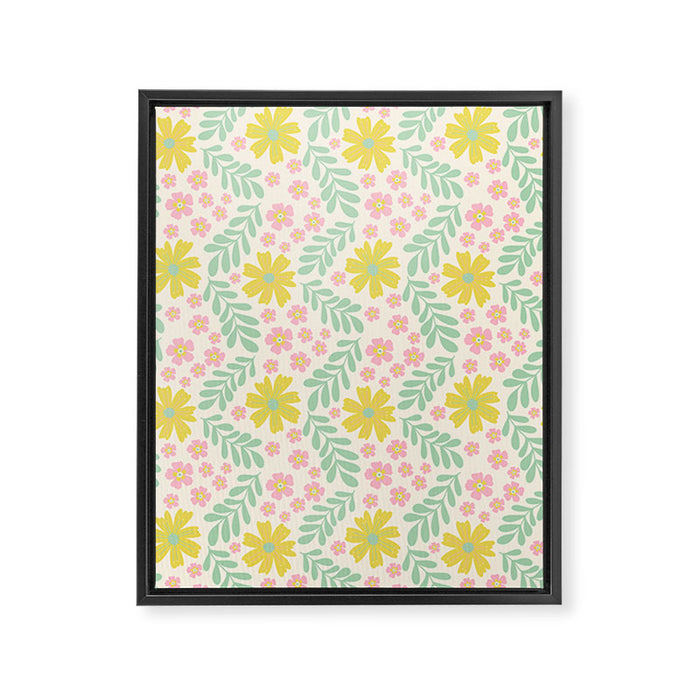 Whimsical Flora - White, Light green, Light Pink, Yellow  Framed Canvas Print Gallery Image 1