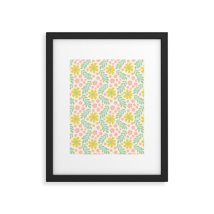 Whimsical Flora - White, Light green, Light Pink, Yellow  Framed Art Print Gallery Image 1
