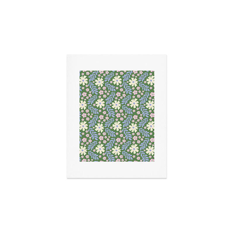 Whimsical Floral - Green, Blue, White and soft Pink Art Print Gallery Image 1