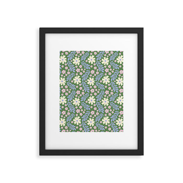 Whimsical Floral - Green, Blue, White and soft Pink Framed Art Print Gallery Image 1