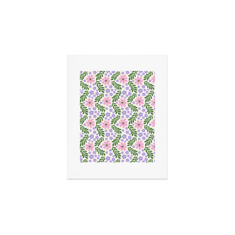 Whimsical Floral - White, Green, Pink and Purple Art Print Gallery Image 1