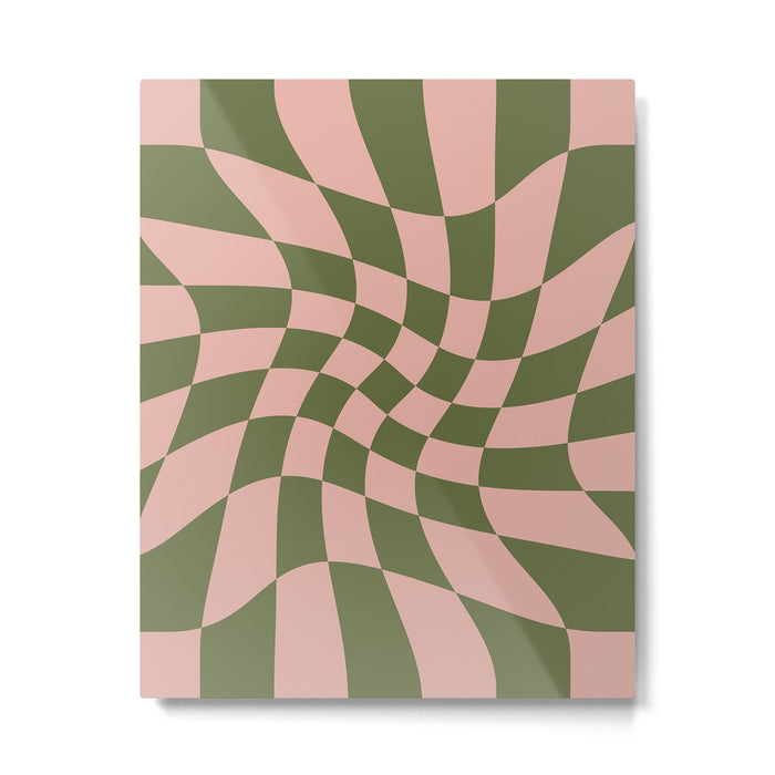 Wavy Check - Green And Peach - Checkerboard Pattern Print Metal Print Gallery Image 1