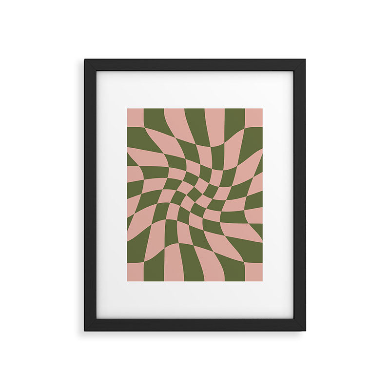 Wavy Check - Green And Peach - Checkerboard Pattern Print Framed Art Print Gallery Image 6