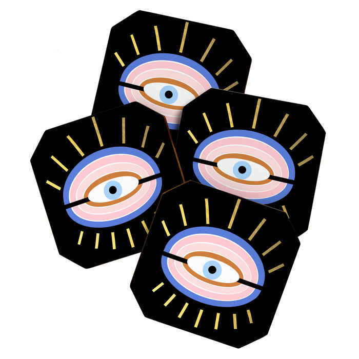 Retro evil eye - black & gold Coaster Gallery Image 1