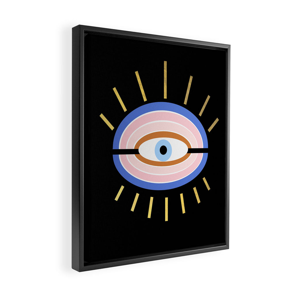 Retro evil eye - black & gold Framed Canvas Print Gallery Image 2
