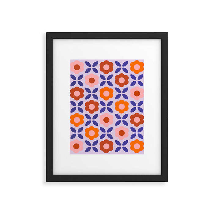 Retro Flower Pattern - orange periwinkle Framed Art Print Gallery Image 1