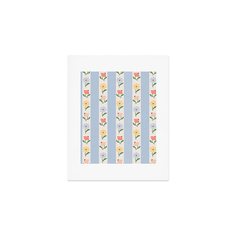 Sweet Floral Stripes - vintage blue Art Print Gallery Image 1