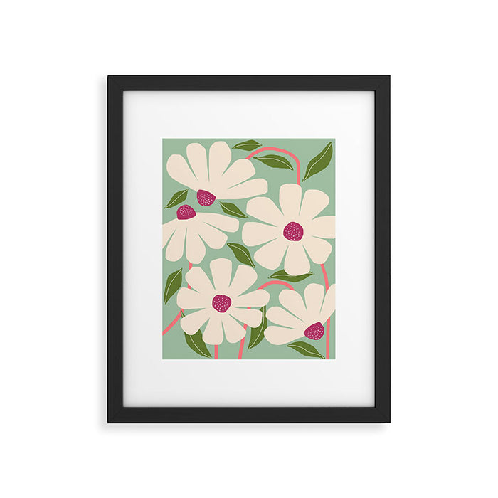 Wild Daisies - pastel green & pink Framed Art Print Gallery Image 1