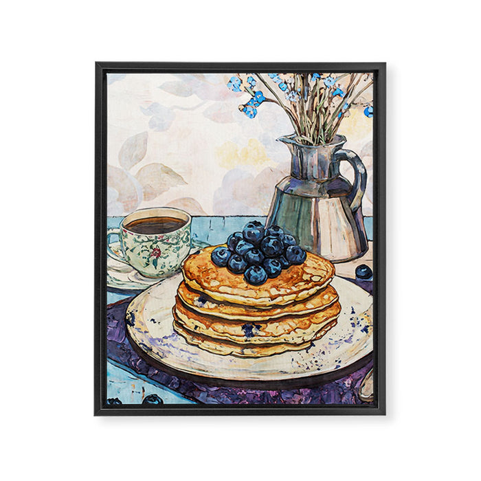 Blueberry Pancakes and Coffee Watercolor Breakfast Still Life Framed Canvas Print Gallery Image 1