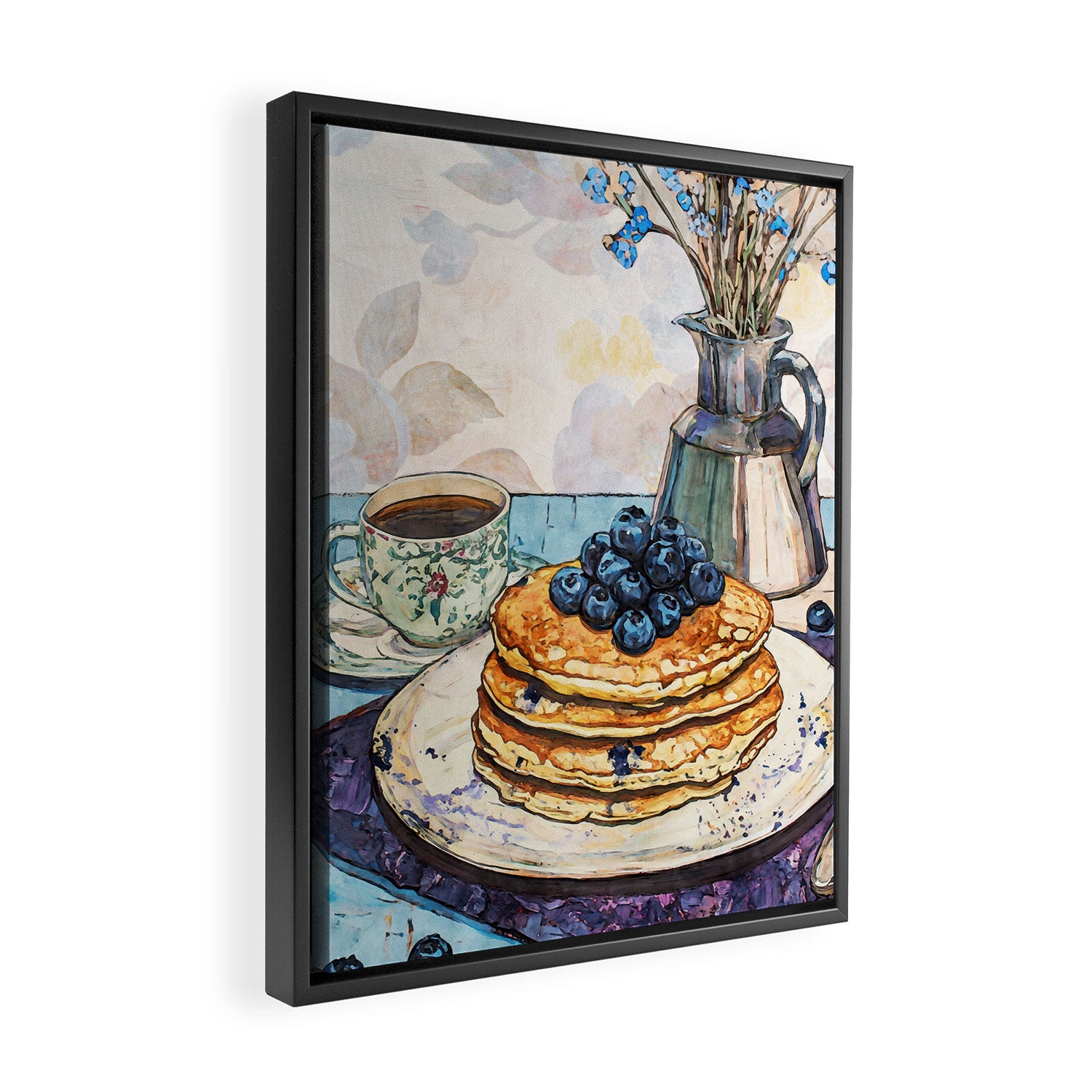 Blueberry Pancakes and Coffee Watercolor Breakfast Still Life Framed Canvas Print Gallery Image 2