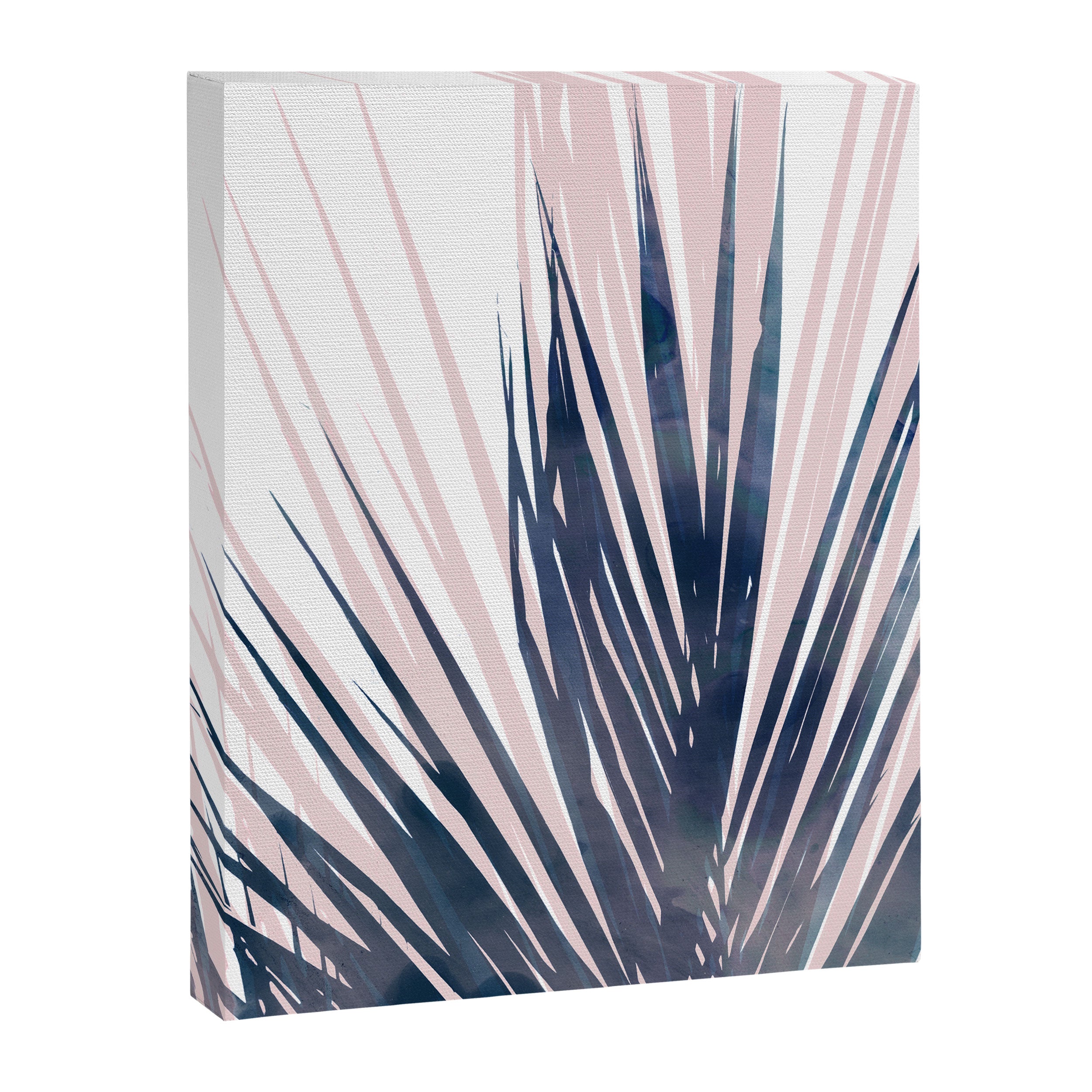 Contemporary Palm Leaf in Navy Blue and Blush Pink Canvas Print Gallery Image 6