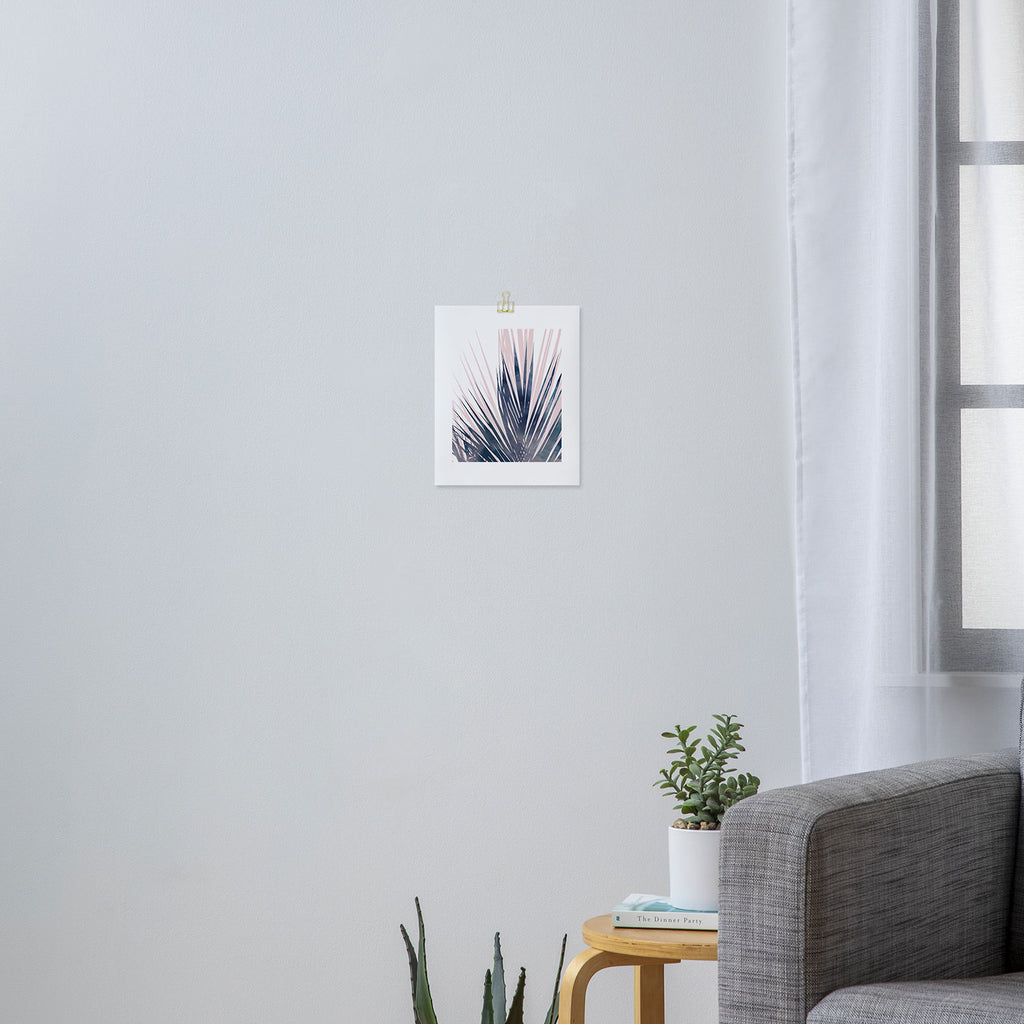 Contemporary Palm Leaf in Navy Blue and Blush Pink Art Print Gallery Image 3