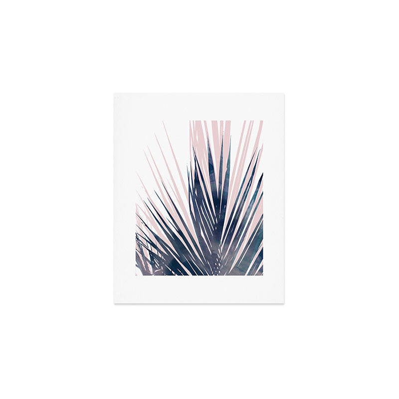 Contemporary Palm Leaf in Navy Blue and Blush Pink Art Print Gallery Image 1