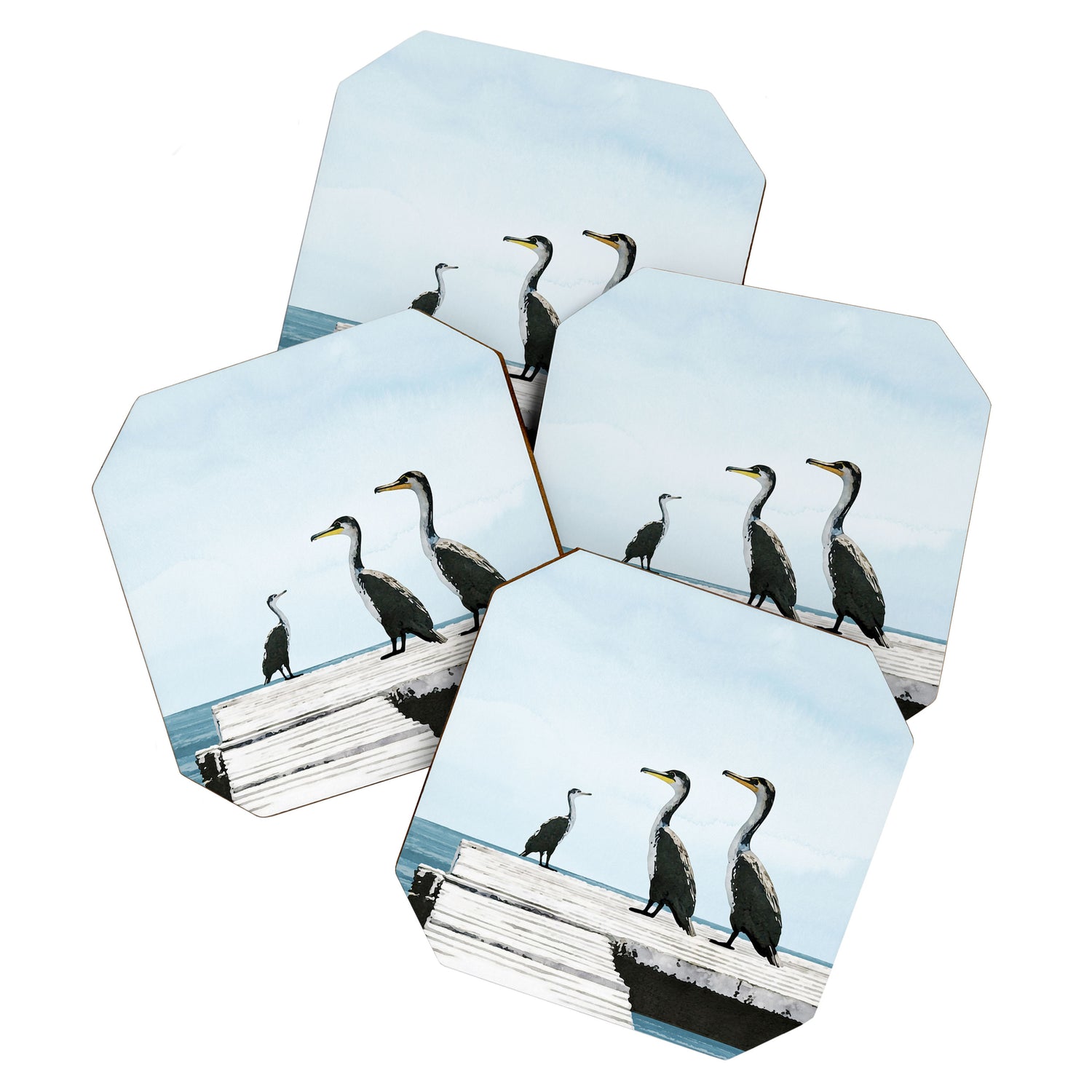 Cormorants on a Pier Watercolor Illustration Coaster Gallery Image 1