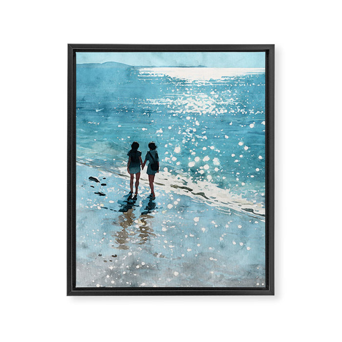 Friends on the Beach Sparkling Watercolor Framed Canvas Print Gallery Image 1