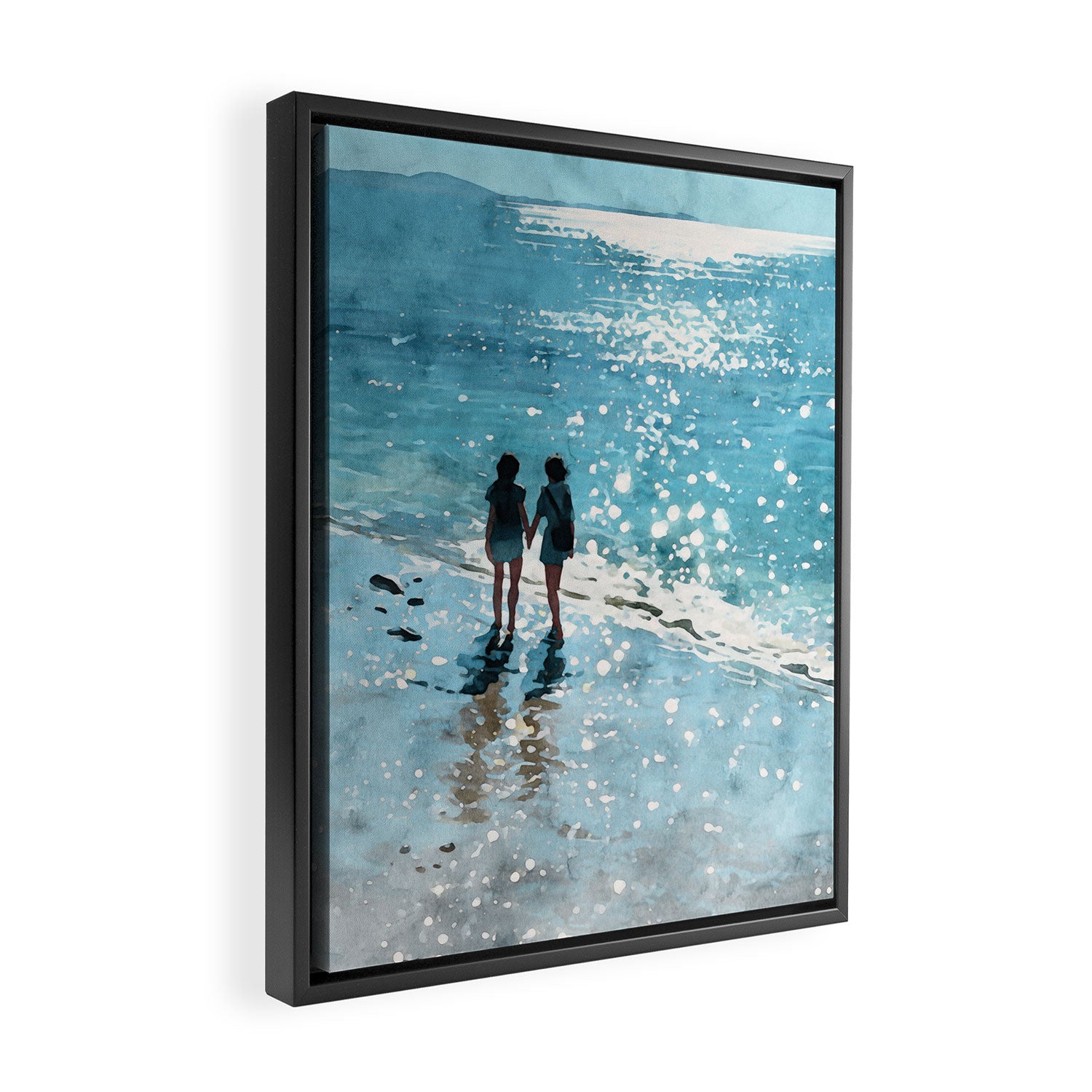 Friends on the Beach Sparkling Watercolor Framed Canvas Print Gallery Image 2