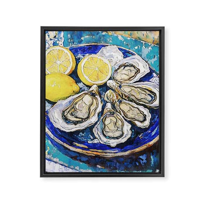 Oysters with Lemons on Blue Plate Watercolor Framed Canvas Print Gallery Image 1