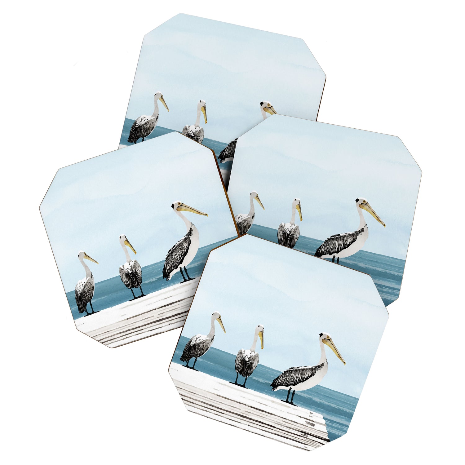 Pelicans on a Pier Watercolor Illustration Coaster Gallery Image 1