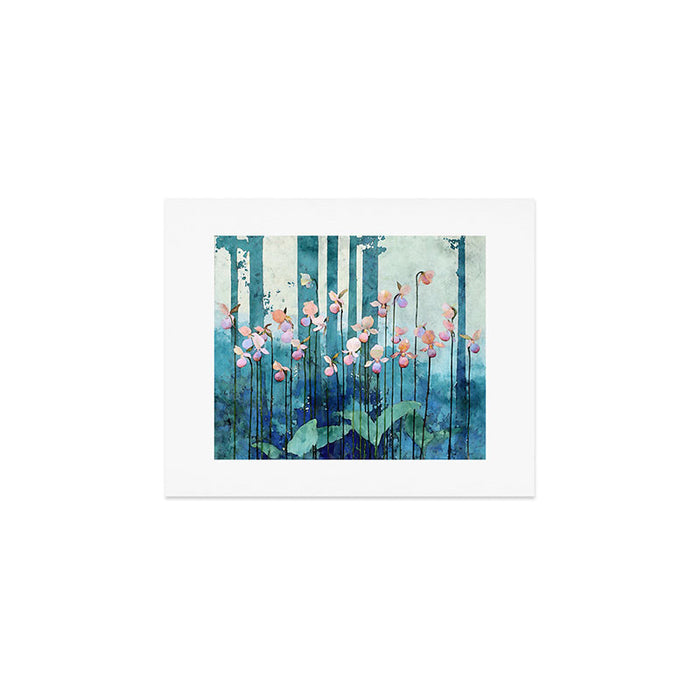 Pink Lady Slipper Flowers in Teal Forest Watercolor Botanical Illustration Art Print Gallery Image 1