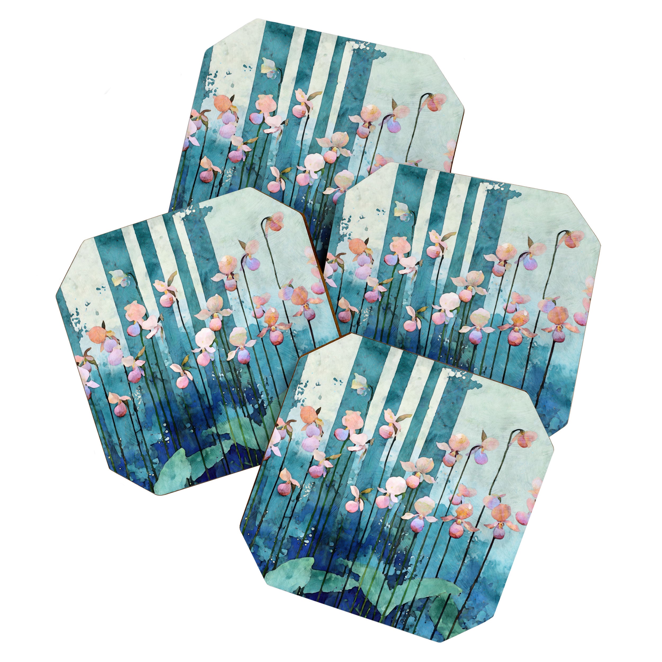 Pink Lady Slipper Flowers in Teal Forest Watercolor Botanical Illustration Coaster Gallery Image 1