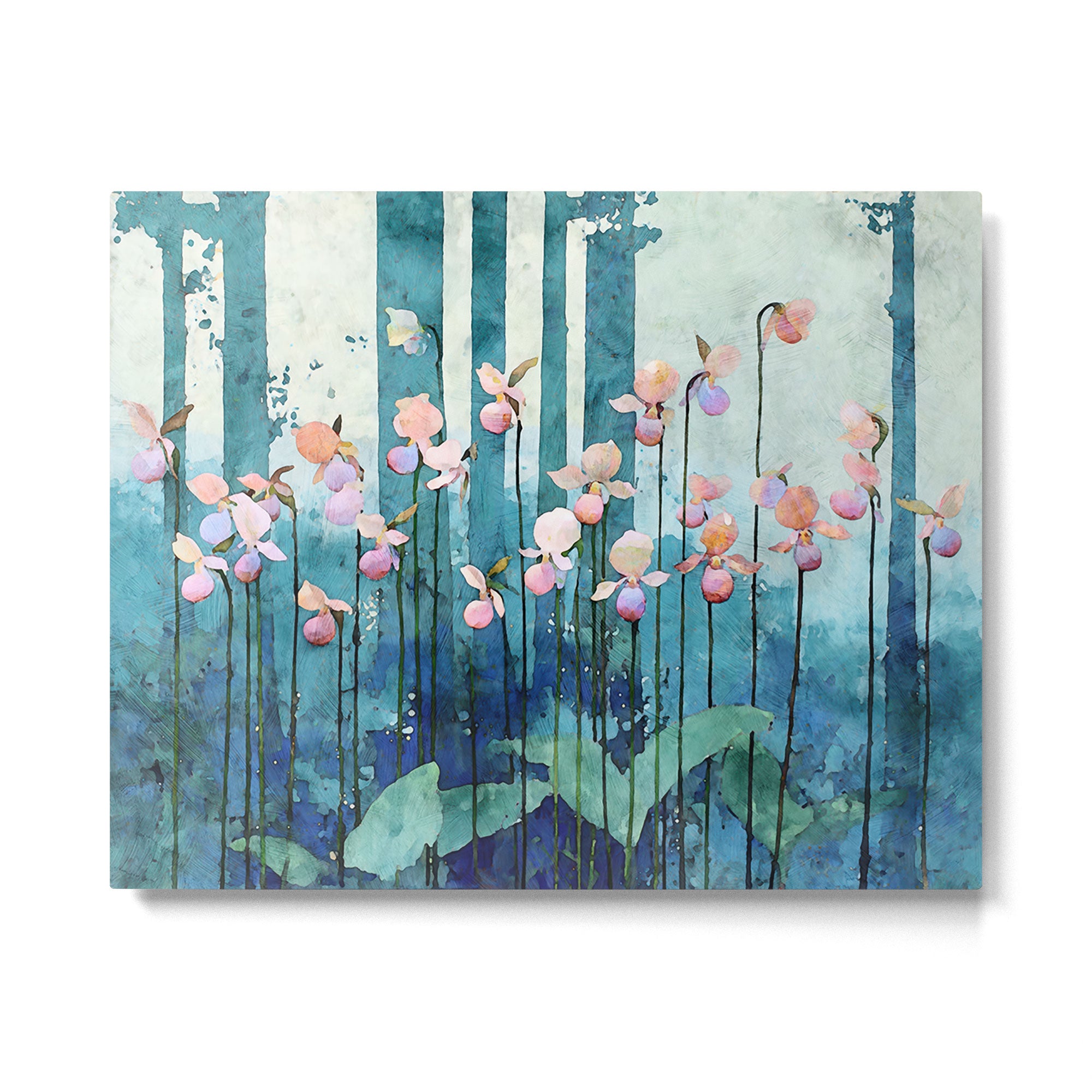 Pink Lady Slipper Flowers in Teal Forest Watercolor Botanical Illustration Metal Print Gallery Image 4
