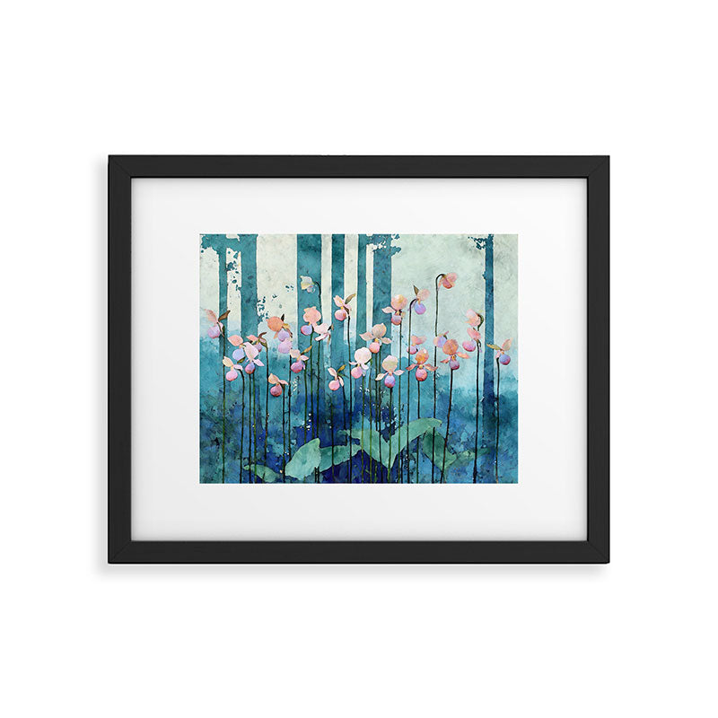 Pink Lady Slipper Flowers in Teal Forest Watercolor Botanical Illustration Framed Art Print Gallery Image 5