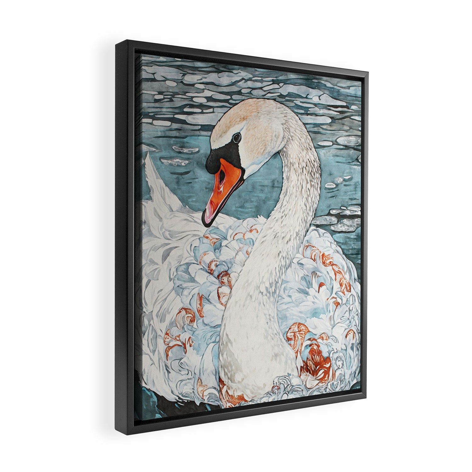 Swan Swimming Watercolor Framed Canvas Print Gallery Image 2