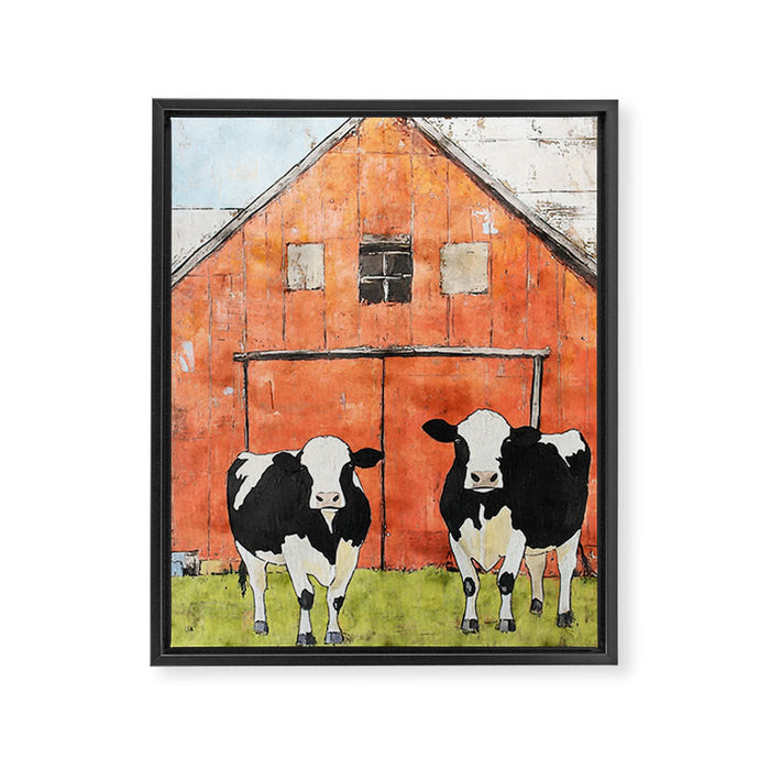 Two Cows and a Red Barn Watercolor Framed Canvas Print Gallery Image 1