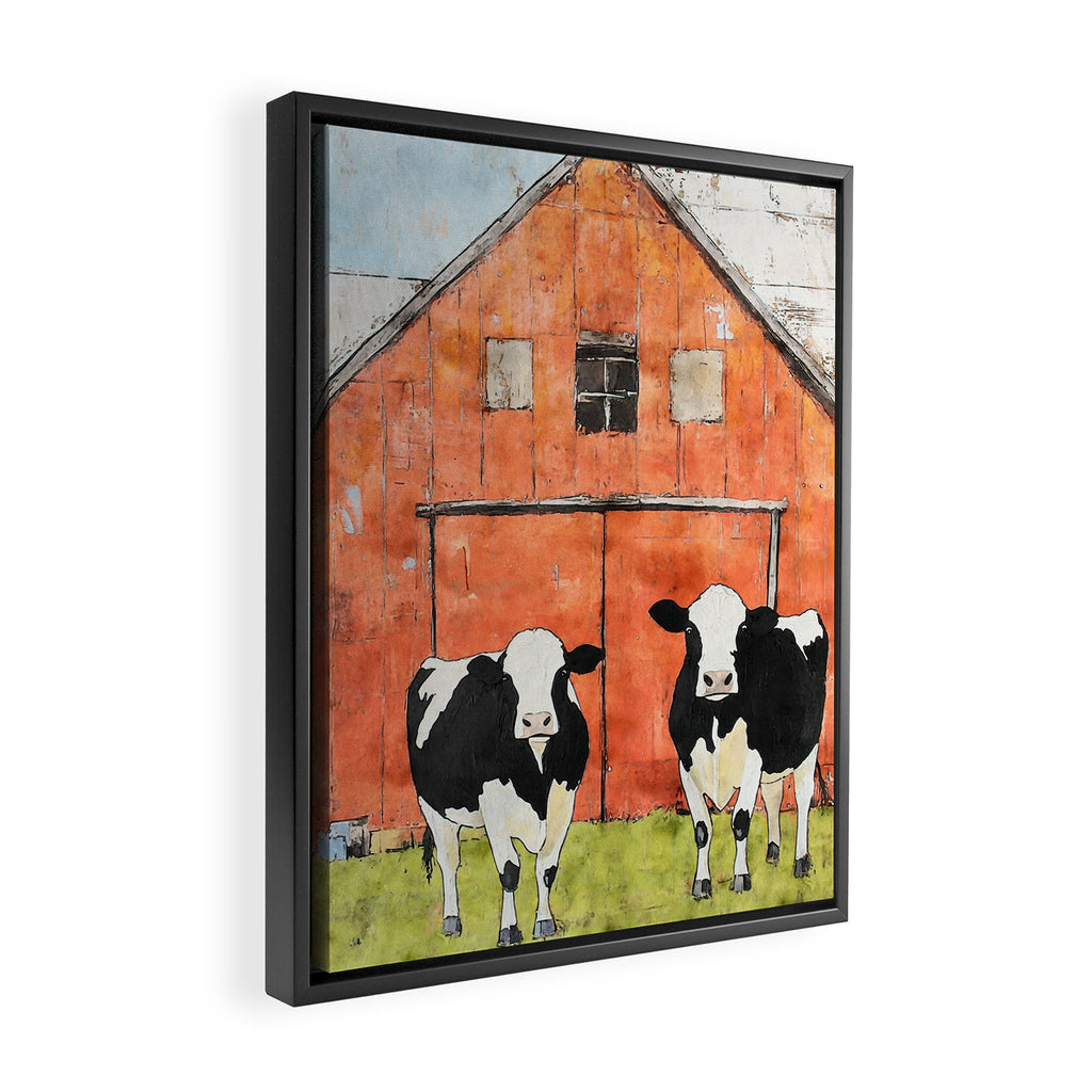 Two Cows and a Red Barn Watercolor Framed Canvas Print Gallery Image 2