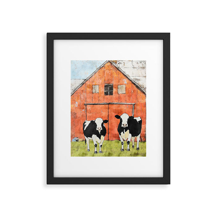 Two Cows and a Red Barn Watercolor Framed Art Print Gallery Image 1