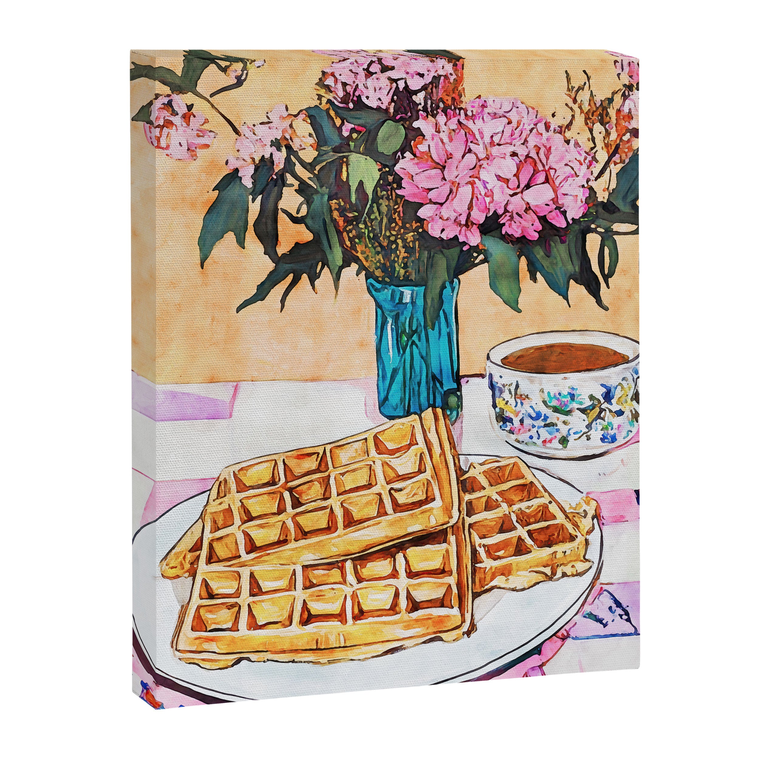  Waffles and Coffee with Flowers Watercolor Breakfast Scene Canvas Print Gallery Image 6