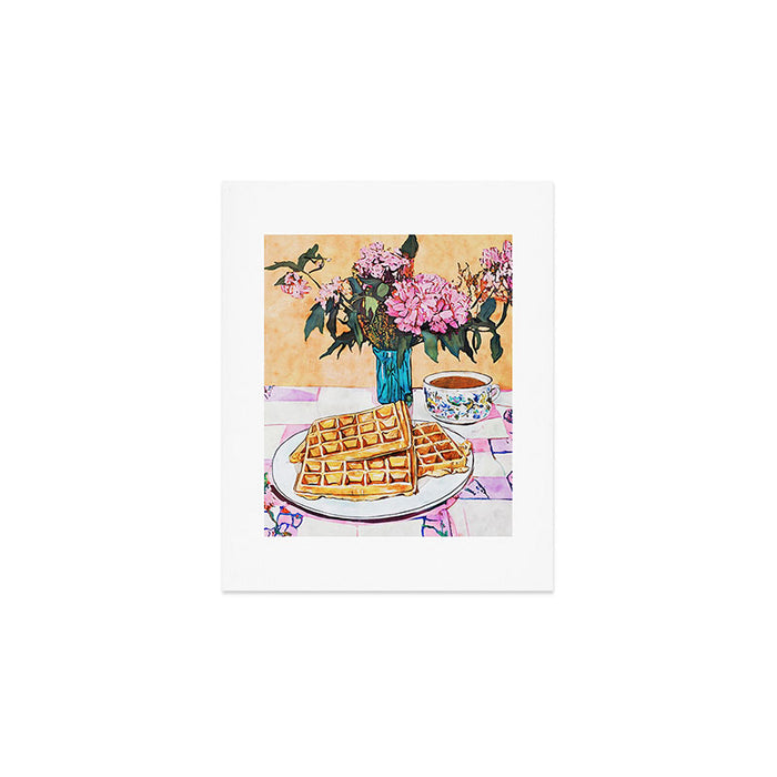  Waffles and Coffee with Flowers Watercolor Breakfast Scene Art Print Gallery Image 1