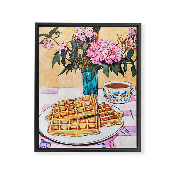  Waffles and Coffee with Flowers Watercolor Breakfast Scene Framed Canvas Print Gallery Image 1