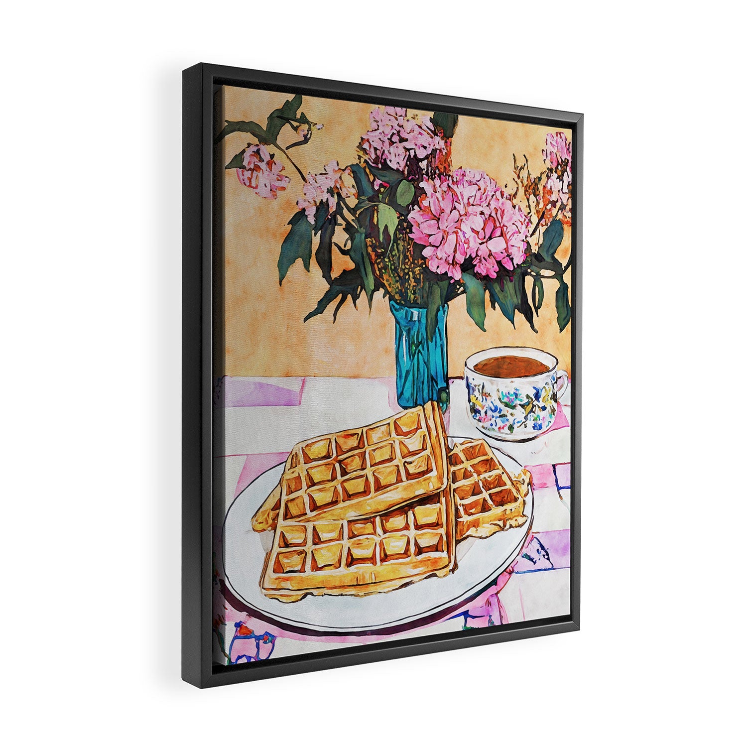  Waffles and Coffee with Flowers Watercolor Breakfast Scene Framed Canvas Print Gallery Image 2