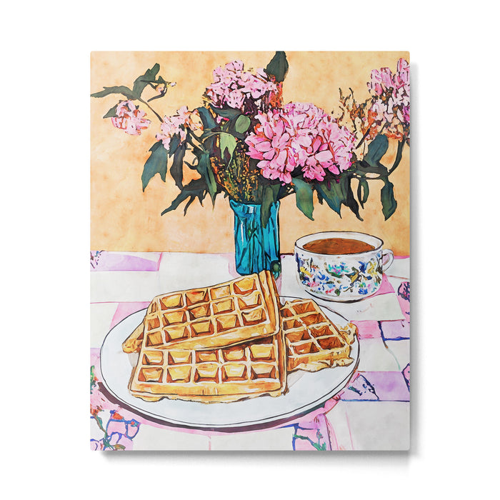  Waffles and Coffee with Flowers Watercolor Breakfast Scene Metal Print Gallery Image 1