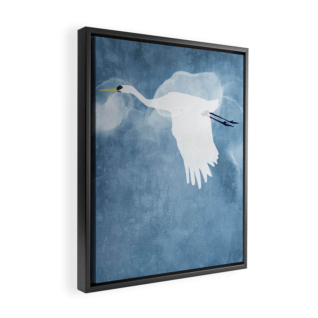 White Egret In Flight Illustration Wings Down Framed Canvas Print Gallery Image 2
