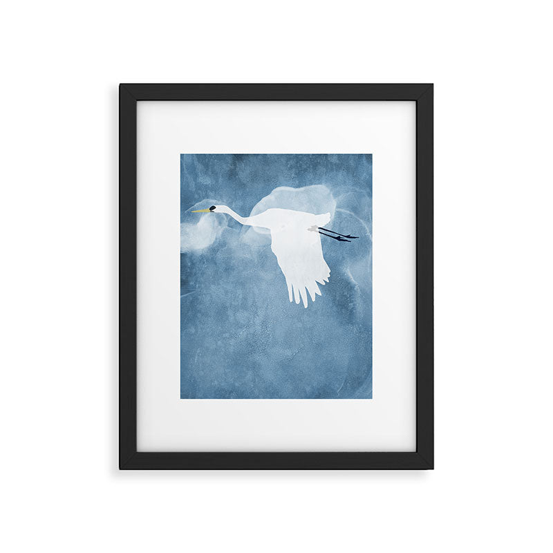 White Egret In Flight Illustration Wings Down Framed Art Print Gallery Image 6