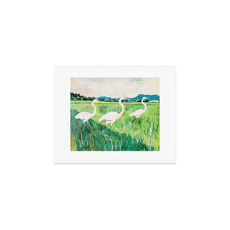 White Egrets in a Rice Field Watercolor Illustration Art Print Gallery Image 1