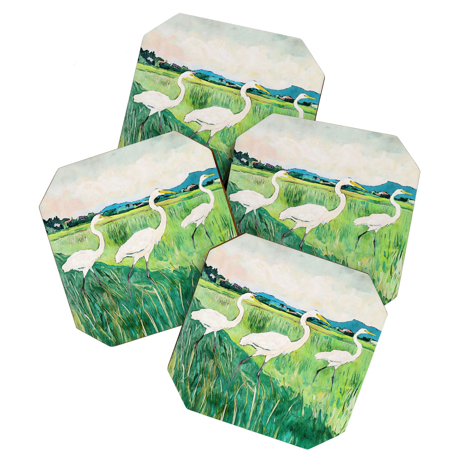 White Egrets in a Rice Field Watercolor Illustration Coaster Gallery Image 1