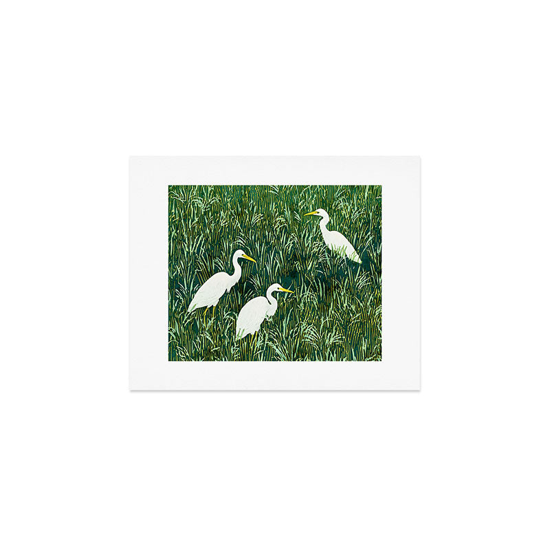 White Egrets in Tall Green Grass Watercolor Art Print Gallery Image 1